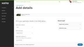 A student's profile in Xello. A college application tracker is being created for the student. There is a college selected, an application method and admission type inserted. The next step is to click Create.